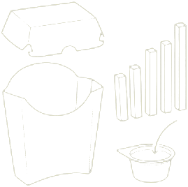 The Franchise fries box in exploded view: lid, carton, six fries drawn as rising bars, a sauce cup